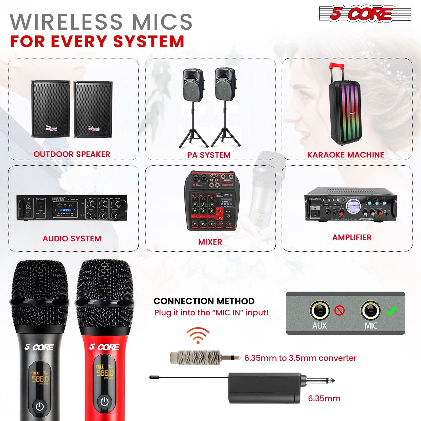 5Core Wireless Microphone Pair UHF Handheld Microfonos Inalambricos Cordless Mic RED + GRAY-4