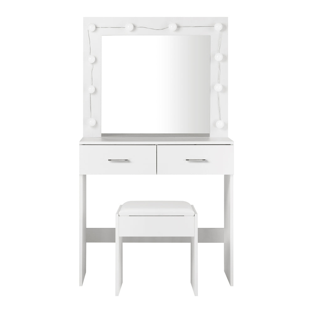 Dressing Table and Stool Set with Mirror and 10 LED Bulbs White
