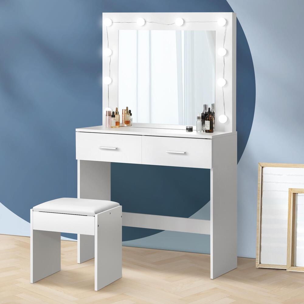 Dressing Table and Stool Set with Mirror and 10 LED Bulbs White