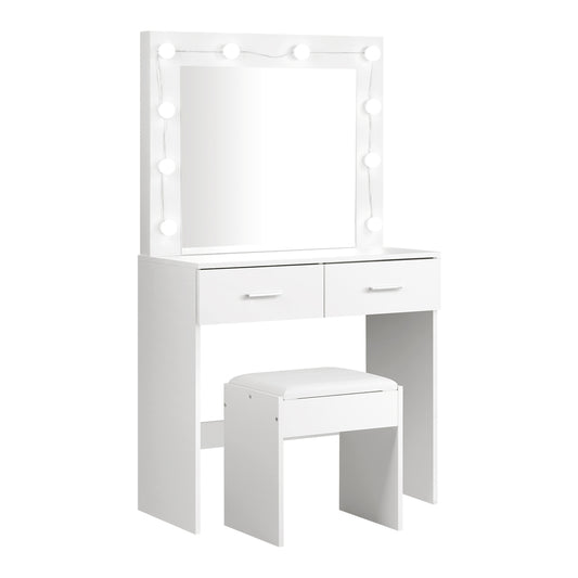 Dressing Table and Stool Set with Mirror and 10 LED Bulbs White