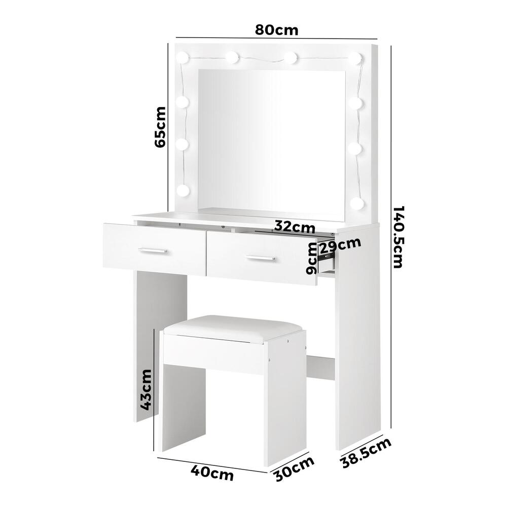 Dressing Table and Stool Set with Mirror and 10 LED Bulbs White