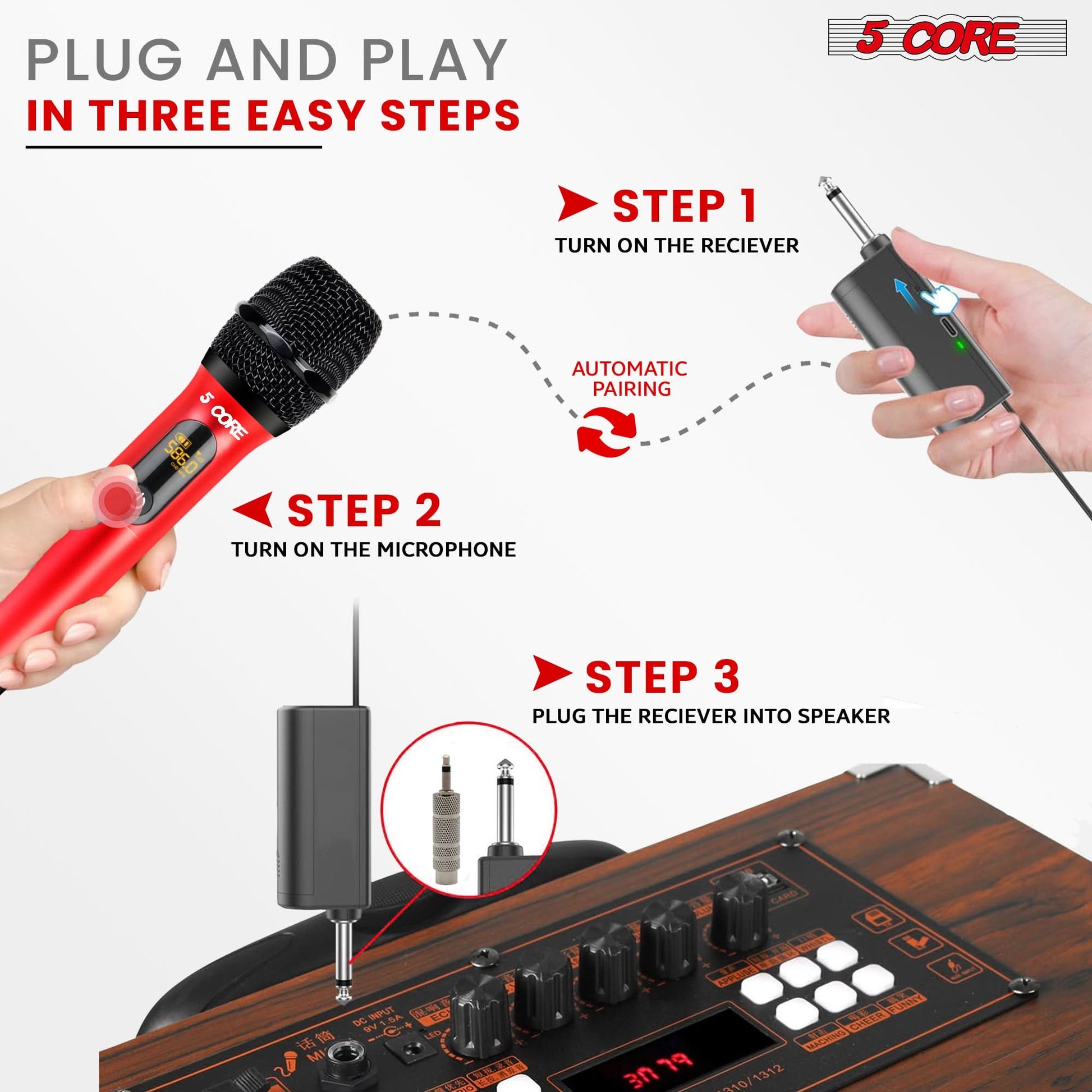5Core Wireless Microphone Pair UHF Handheld Microfonos Inalambricos Cordless Mic RED + GRAY-3