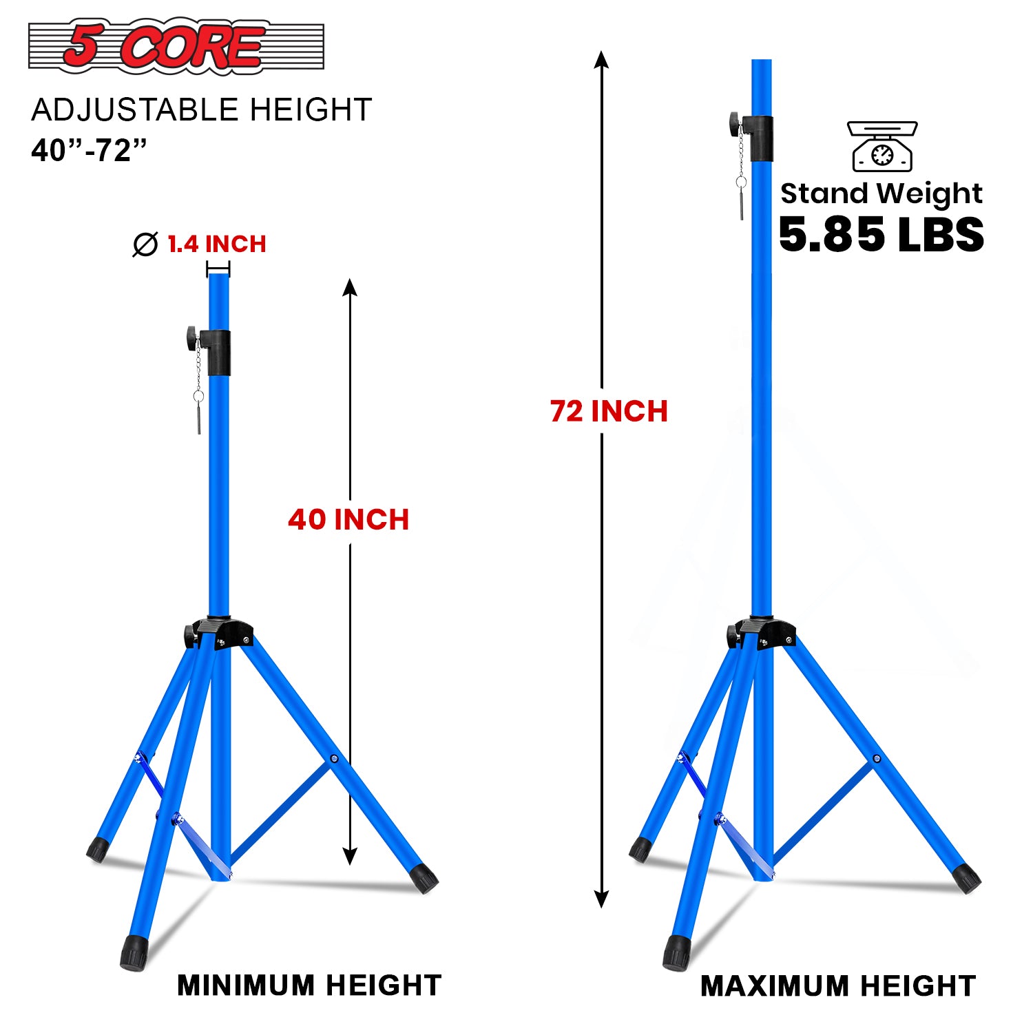 5Core Speaker Stand Tripod Tall Adjustable 72 Inch DJ Pole Mount Studio Monitor Stands SKY BLUE 2 PK-1