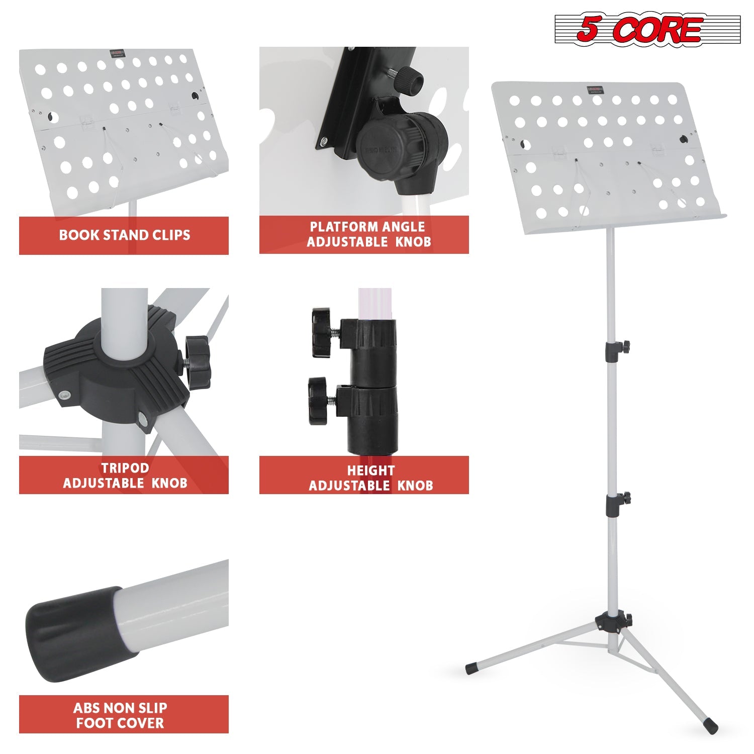 5Core Music Stand For Sheet Music Portable Tripod Adjustable Folding Note Holder White-4